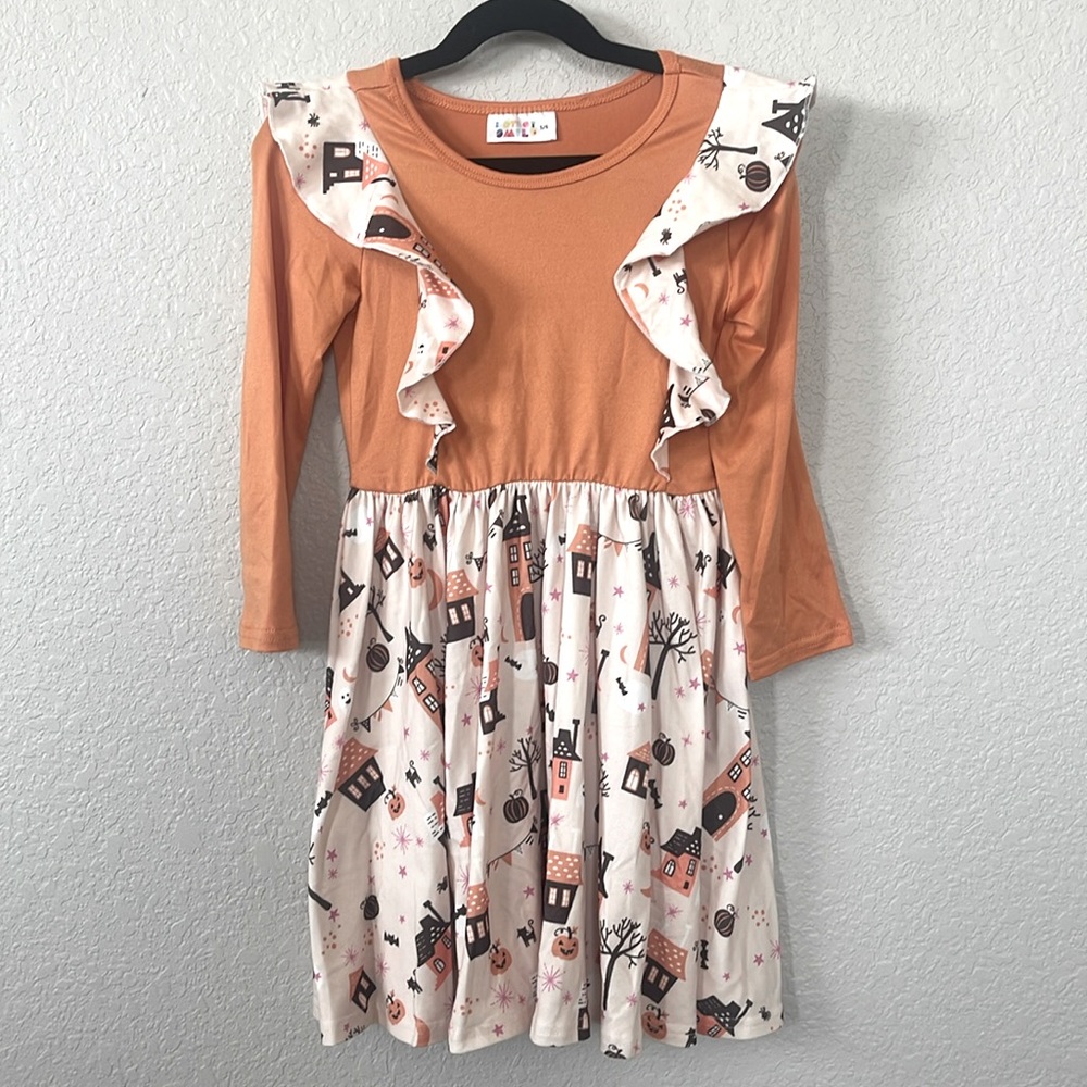 Dot Dot smile girl ruffle long sleeve Halloween twirl dress. Size 5/6 ghost cat